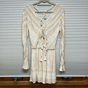 Rahi Cali NWT Peach Floral Print Boho Beach Front Tie Long Sleeve Mini Dress